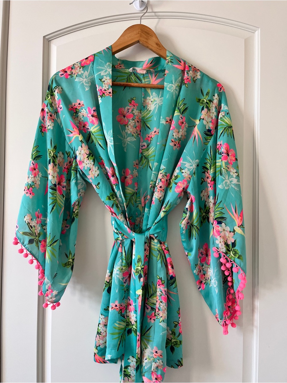 Victoria's Secret Teal Floral Satin Robe with Pink Pom Trim | OS | Coastal Chic